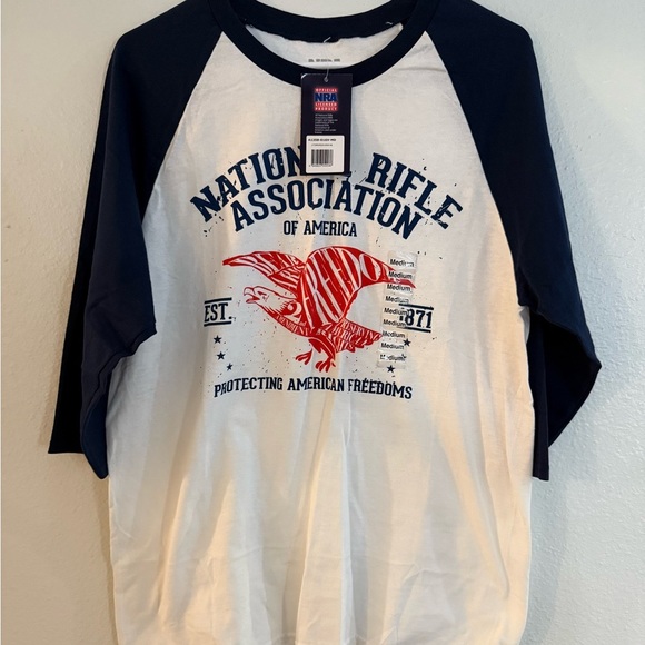Official NRA Merchandise Baseball Style 3/4 Sleeve White & Blue T-Shirt - Picture 1 of 5
